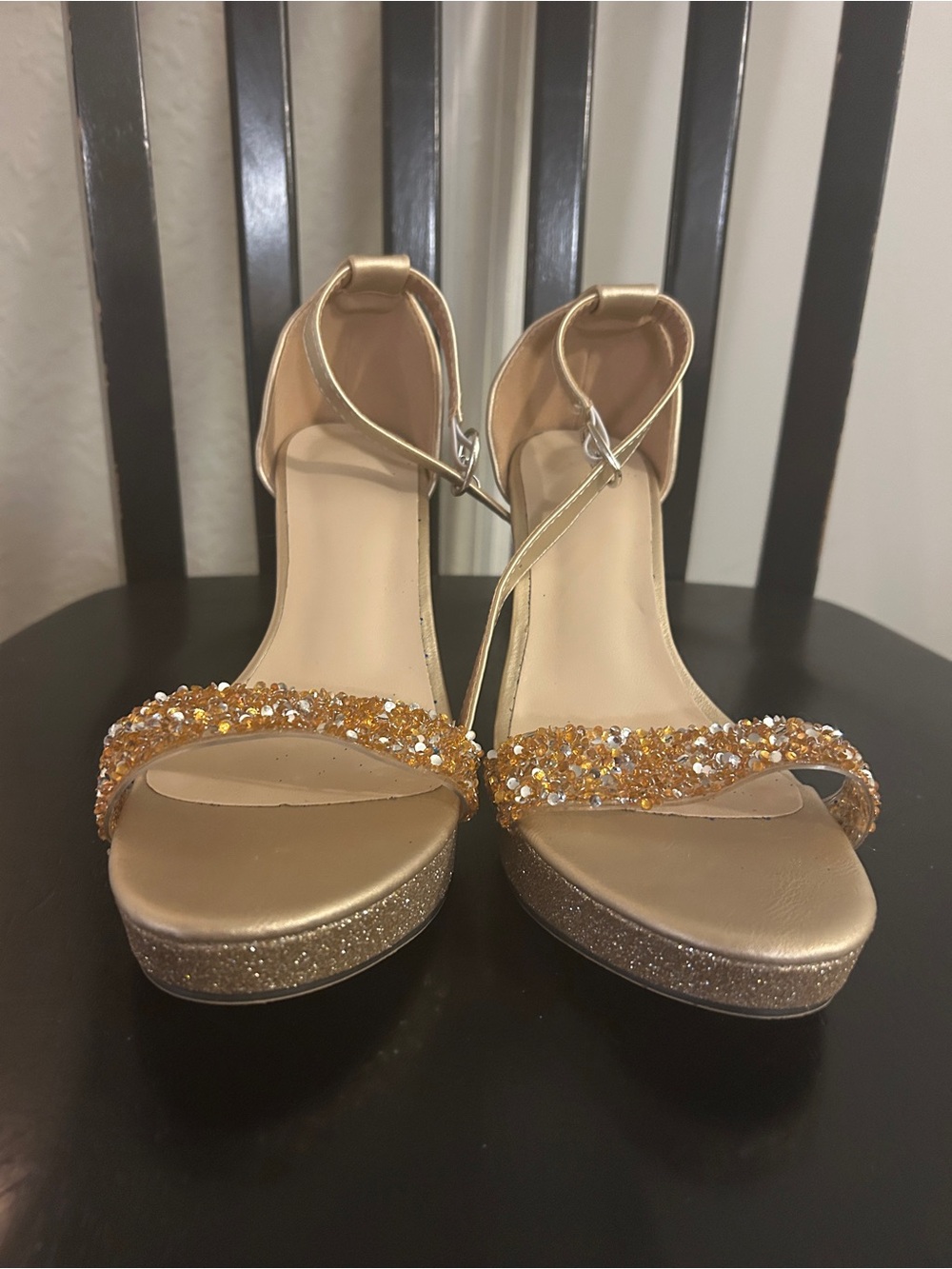 Gold Crystal Ankle-Strap Platform Sandals